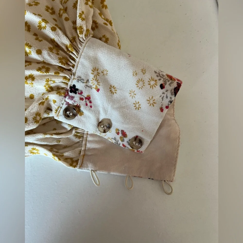 Free People Wonderland Printed Mini Dress Ivory Floral balloon sleeves boho XS